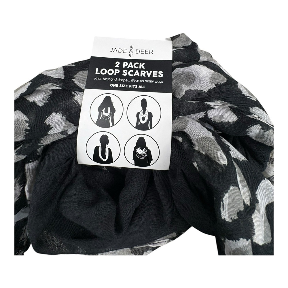 Jade &‎ Deer 2 Pack Loop Scarves Black Gray Animal Print One Size NWT